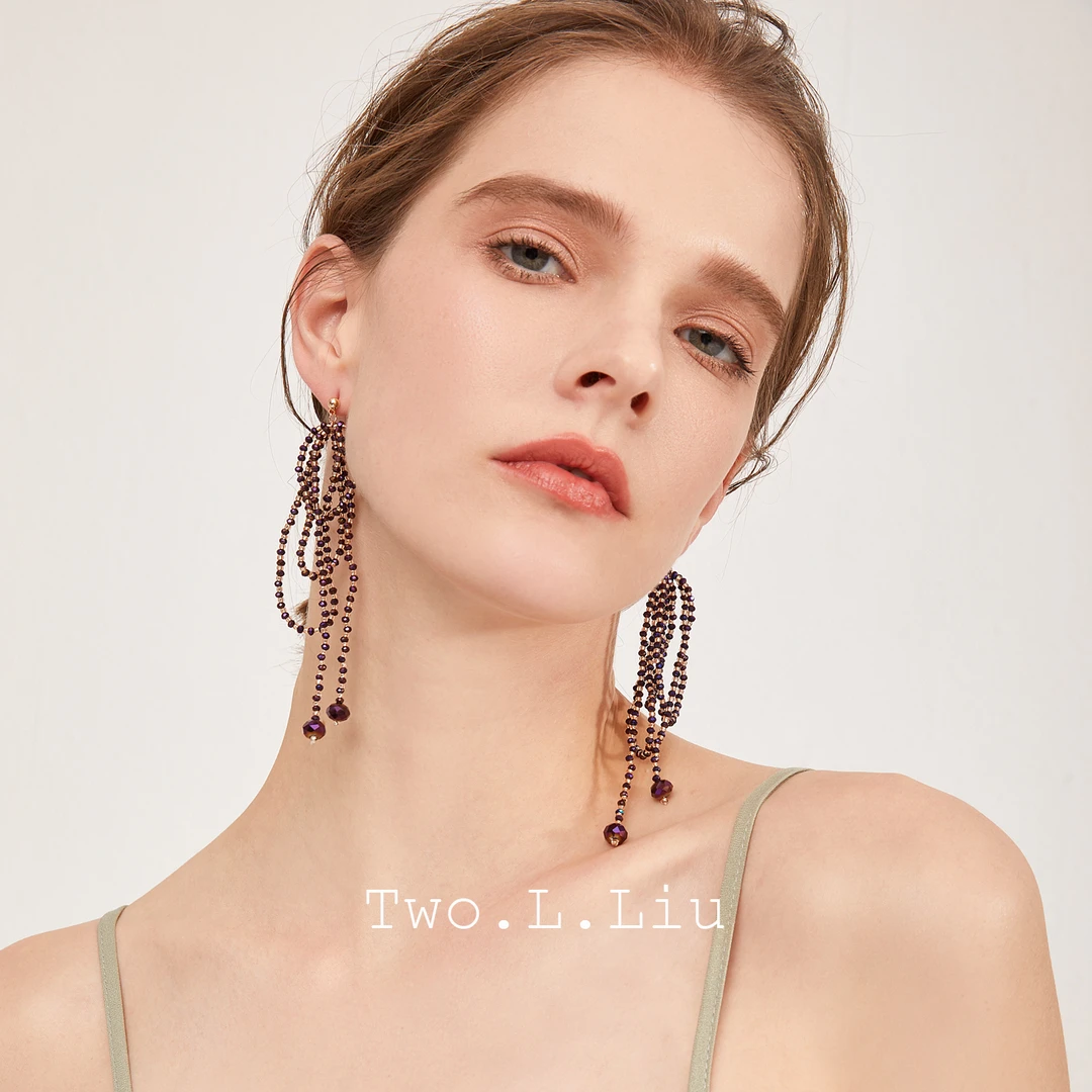 铜合金耳饰 设计师款镀彩流苏耳环女小众夸张耳饰串珠耳针