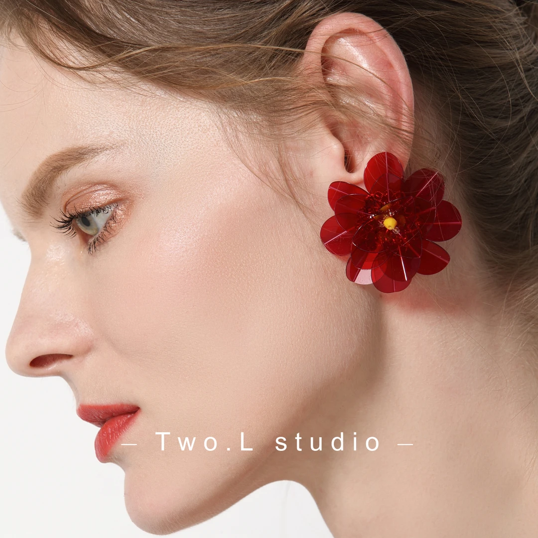 铜合金耳饰 红色花朵耳环女复古山茶花原创度假耳针耳夹
