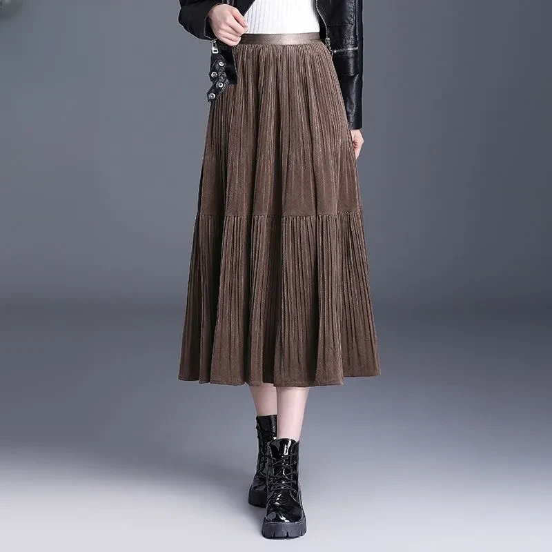 2024秋冬新款半身裙女拼接高腰修身中长裙雾面丝绒大摆裙显瘦裙子