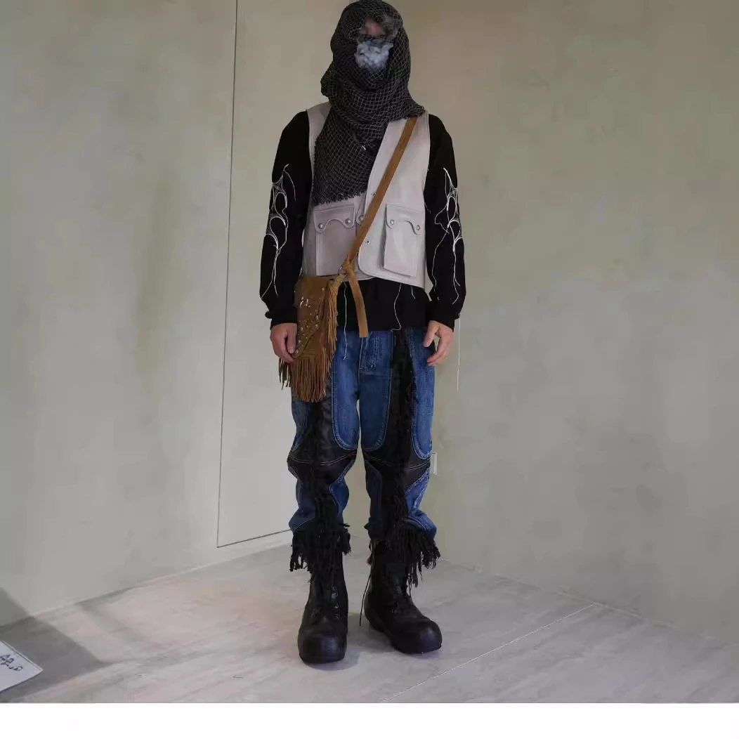 Thug club重磅流苏莫西干拼接拼皮撞色直筒小众休闲水洗牛仔裤男