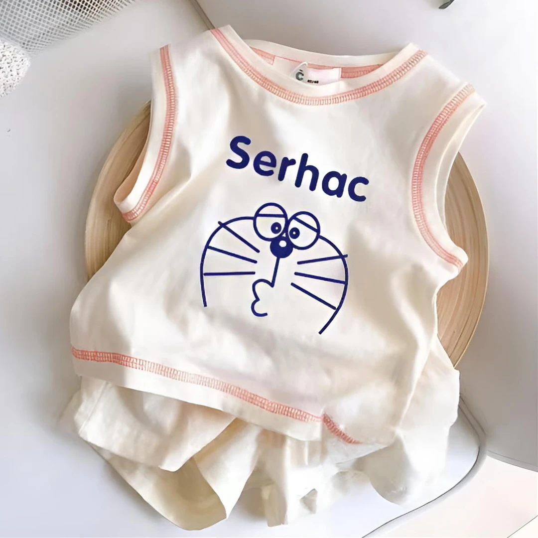 夏季新款可爱童装印花婴儿女童套装短袖t恤无袖男宝宝两件套夏装