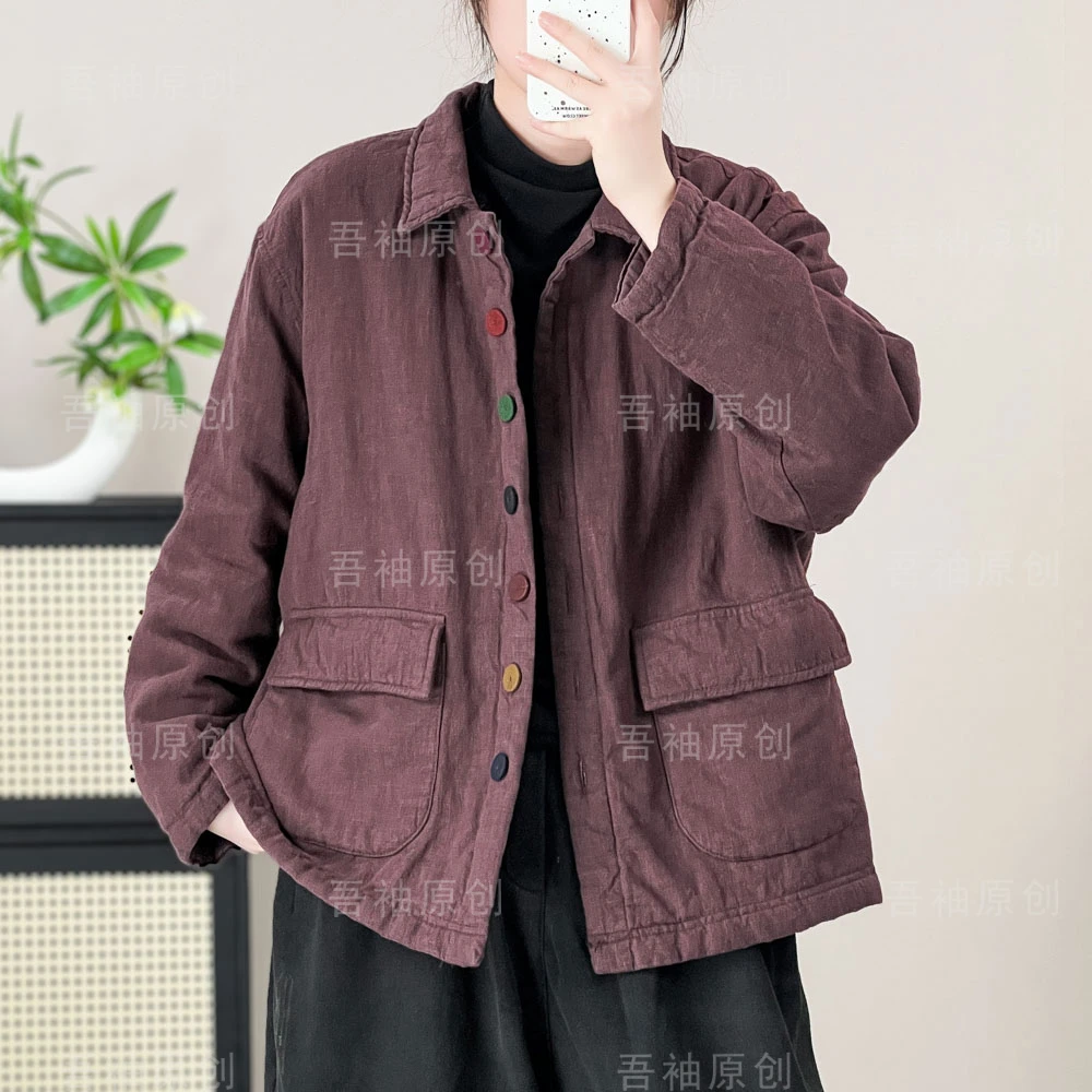 文艺亚麻棉衣女夹棉外套秋冬季新款女装复古彩扣棉袄宽松休闲棉服