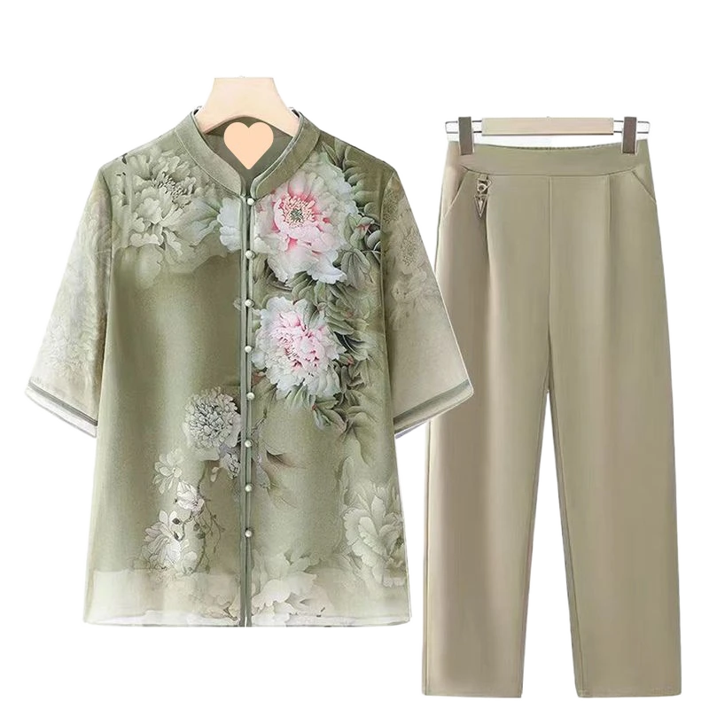 妈妈夏装洋气雪纺衬衫套装中老年人女装开衫薄款唐装T恤老人衣