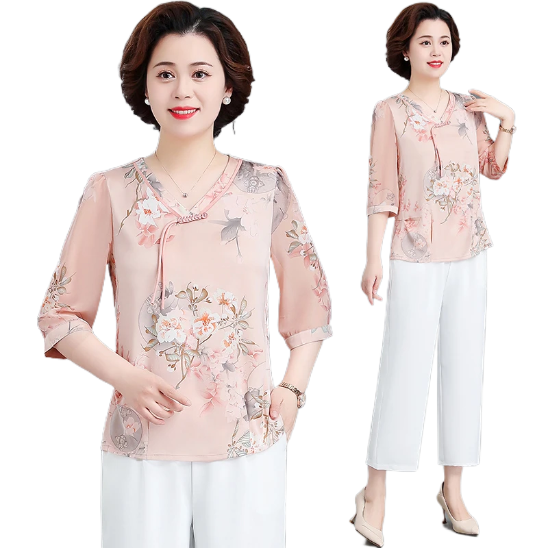 妈妈夏装雪纺套装洋气质唐装中年女七分袖上衣小衫两件套妈妈装