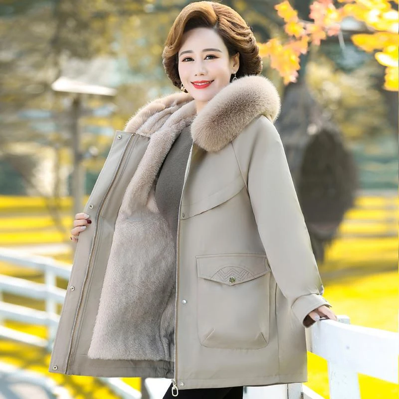 妈妈装派克服棉衣外套中年女冬装加绒加厚时尚棉服中老年棉袄上衣