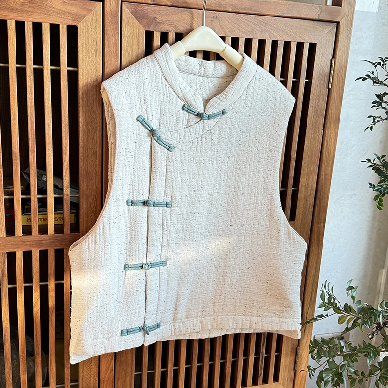 【乐知】复古文艺秋冬百搭中式时尚立领斜襟盘扣夹棉马甲 51955