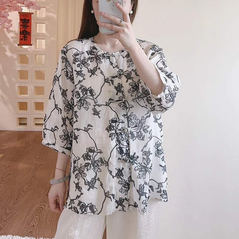 【繁花小衫】夏季大气国风显瘦复古盘扣苎麻印花上衣开衫 51636