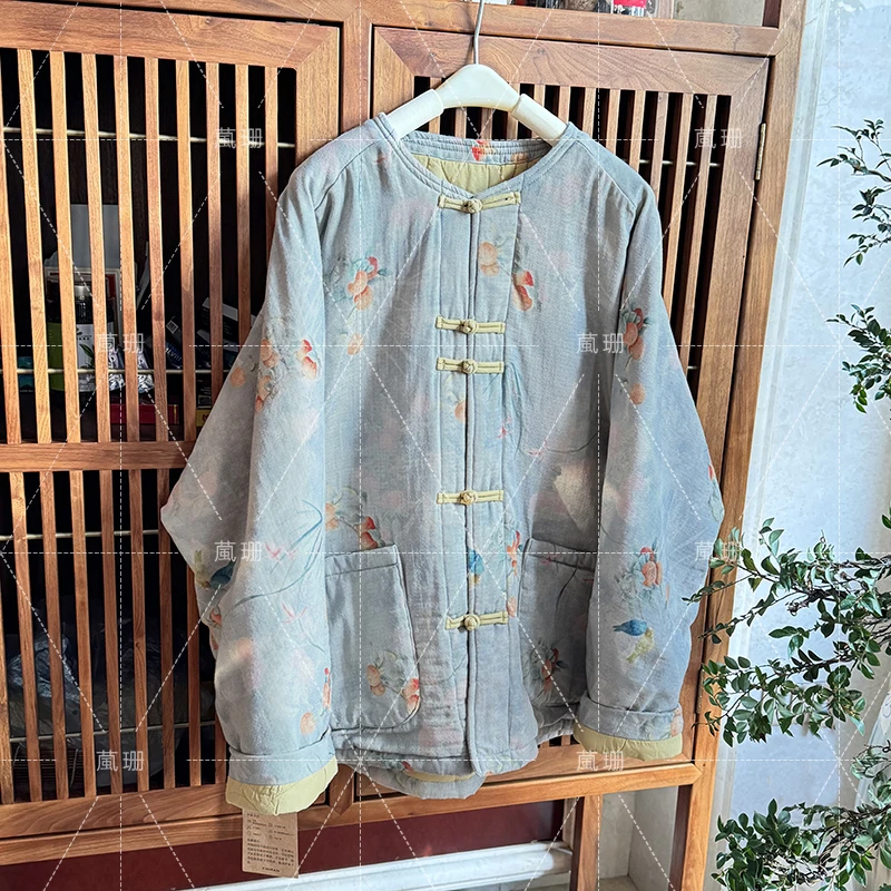 【柿柿如意】新年冬季厚款复古印花盘扣圆领宽松棉衣外套 51993