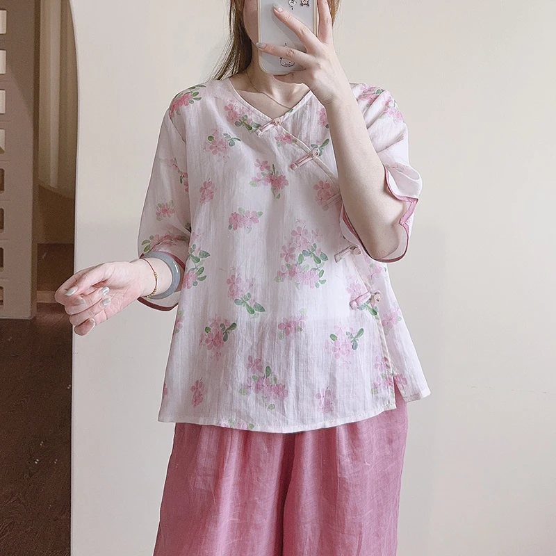 【芳草】夏季原创设计苎麻斜襟改良国风上衣加裤装 51747