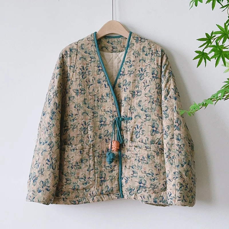 【暮秋】复古印花冬季厚款V领中式立体剪裁花苞扣棉衣外套 51899