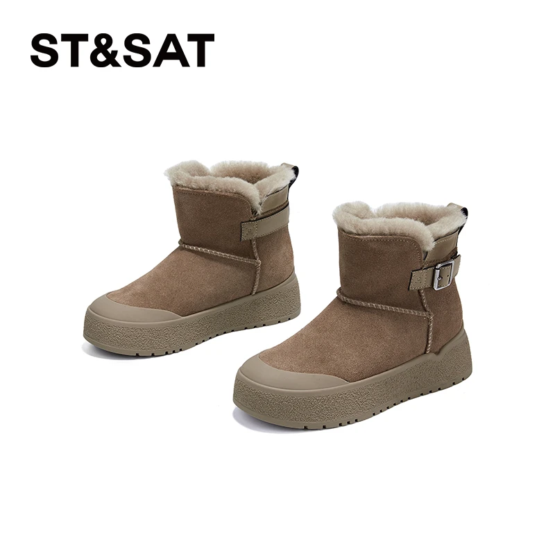 星期六女士秋冬季百搭加绒加厚保暖舒适短筒圆头厚底时尚雪地靴