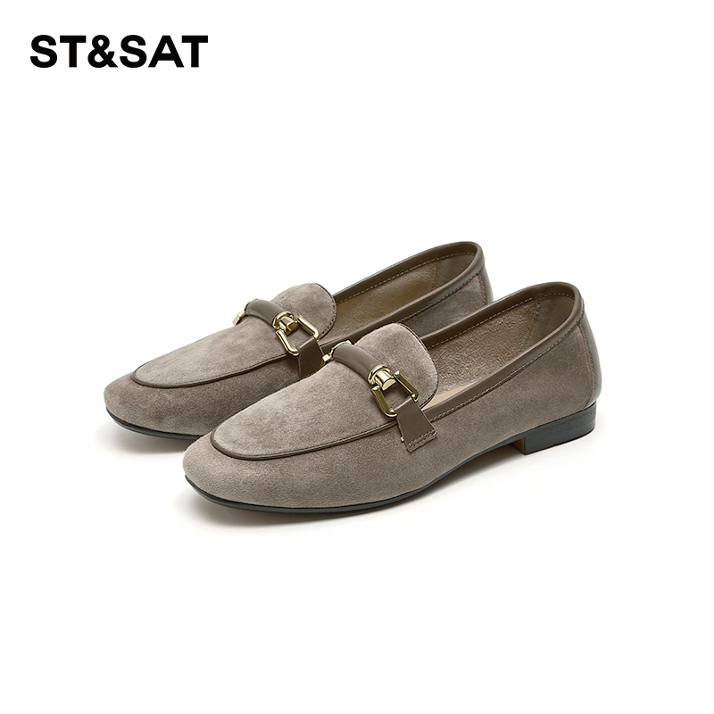 星期六女式时尚百搭复古低跟厚底圆头乐福鞋真皮软底春季马衔扣