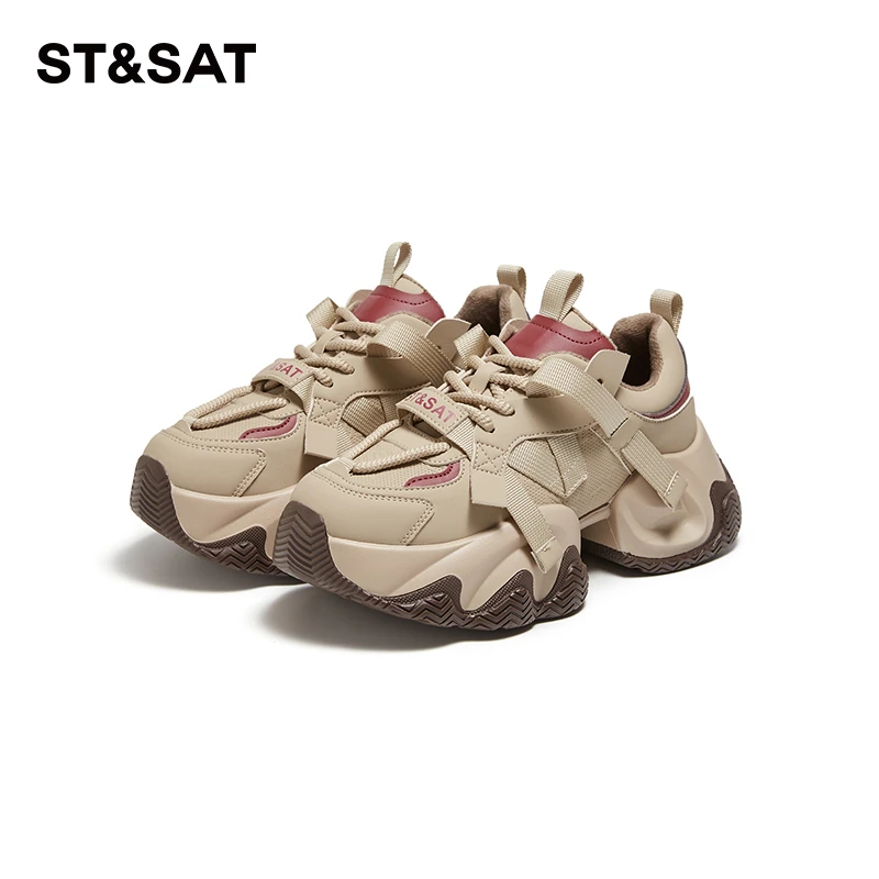 星期六女式时尚百搭小众系带圆头秋季厚底舒适简约运动户外休闲鞋