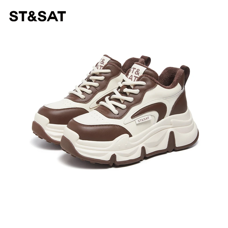 星期六秋冬加绒时尚厚底拼色系带圆头韩版小众潮流高帮ins休闲鞋