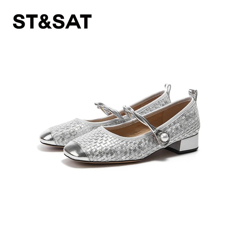 星期六软底粗跟银色浅口低跟摩登跟鞋优雅仙女风一字带时装女单鞋