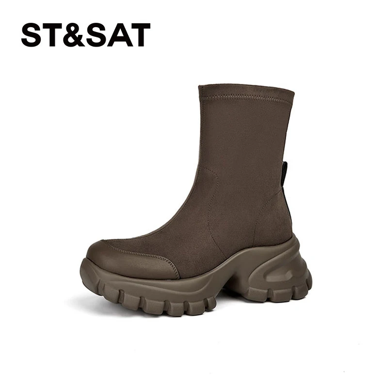 星期六时尚百搭厚底松糕袜靴女2024秋季新款弹力英伦风靴子