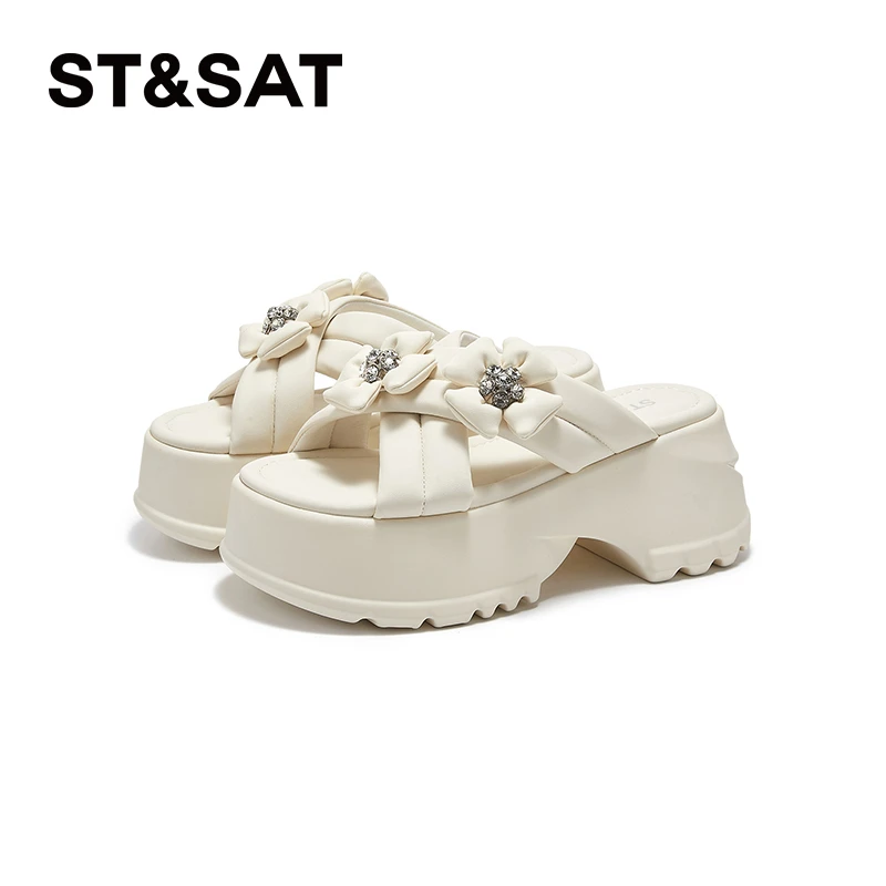 星期六女士夏季透气舒适百搭甜美少女风圆头厚底外穿时尚一字拖鞋