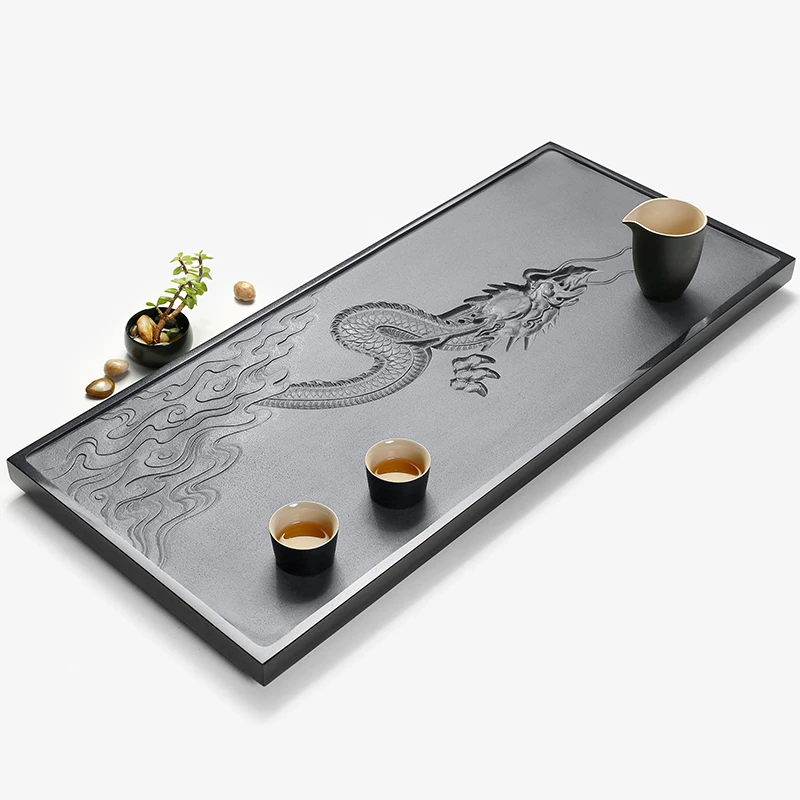 天然整块乌金石茶盘家用简约茶海黑金石手工雕刻创意 龙腾万里