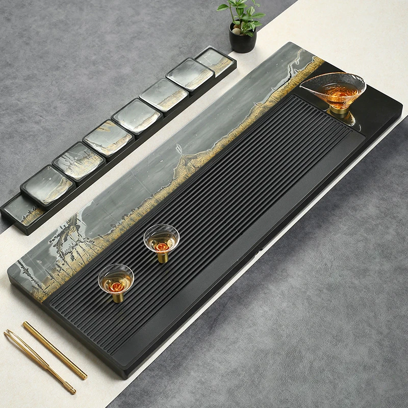 万石堂高端轻奢乌金石茶盘镶嵌国画石  画石系列·琴音