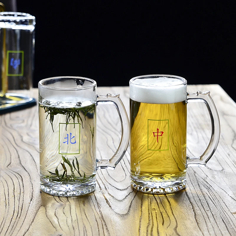 500毫升啤酒杯带把中国风文案扎啤杯网红烧烤店玻璃喝水杯大容量
