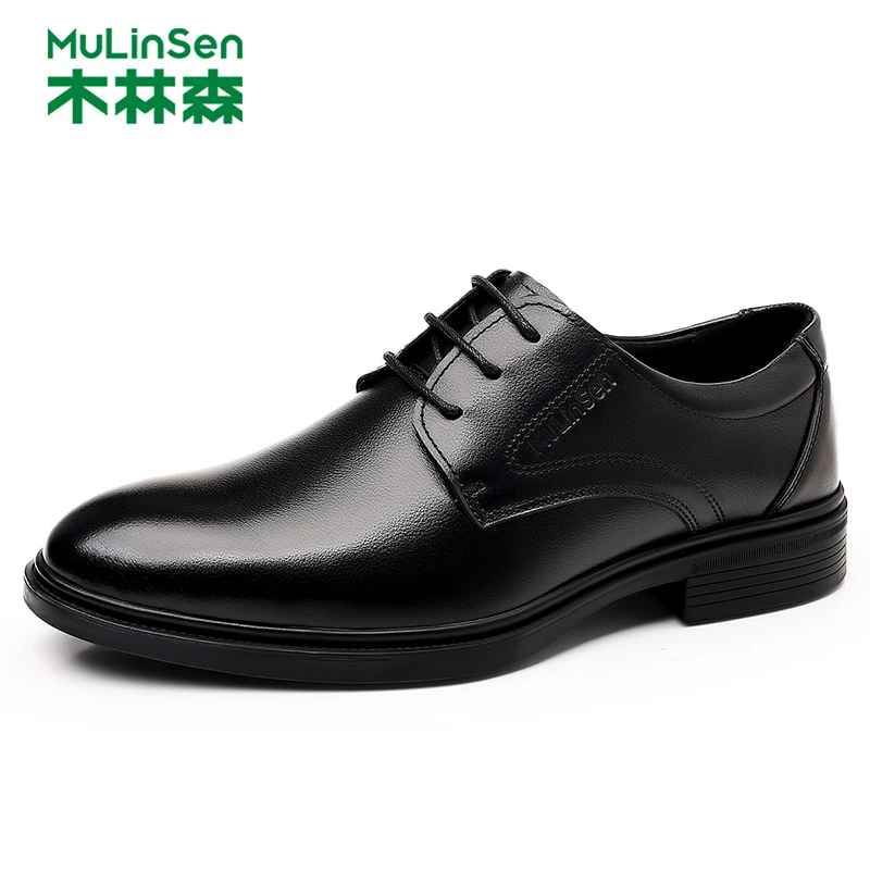 木林森男士头层牛皮休闲皮鞋猪皮内里男鞋黑色正装商务英伦德比鞋