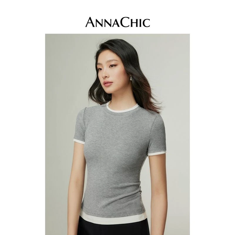 ANNACHIC假两件灰色短袖T恤女夏季内搭打底衫设计感小众撞色上衣