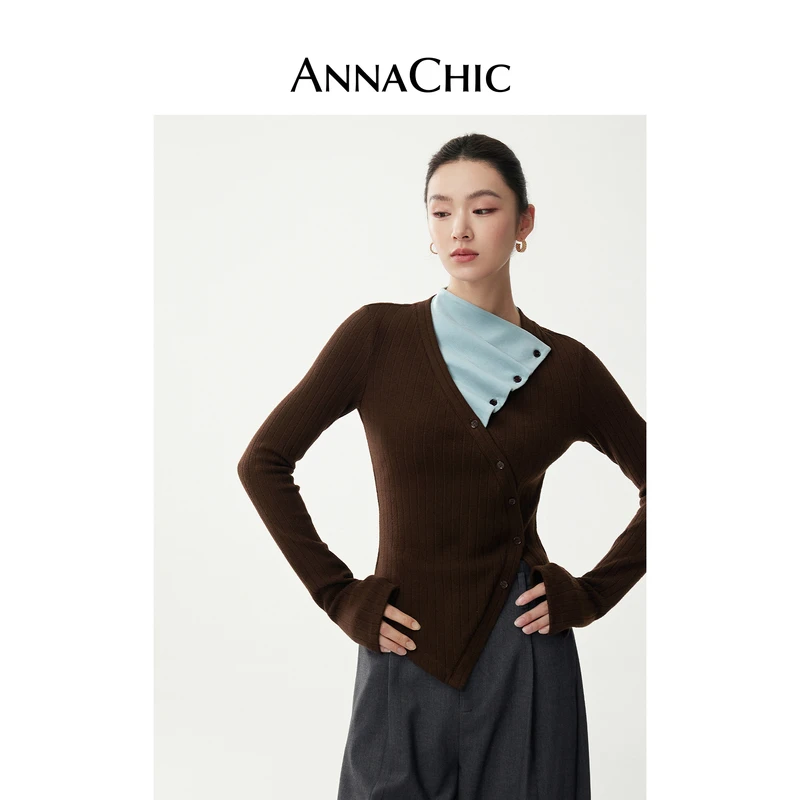 ANNACHIC不对称斜领长袖t恤女冬季新款高级感撞色修身内搭打底衫