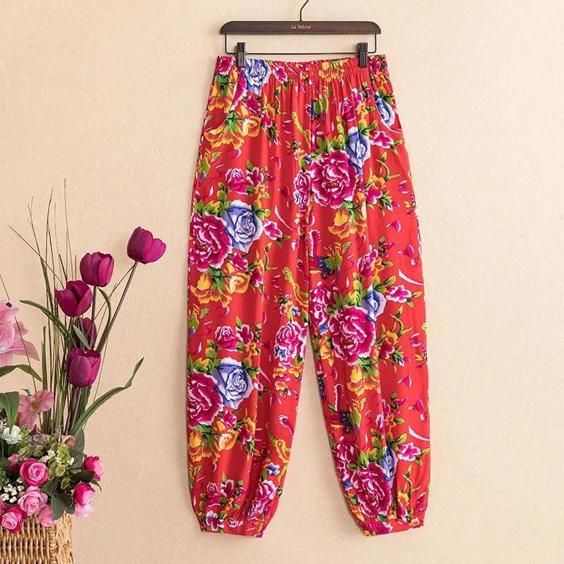 棉绸沙滩裤花裤薄款宽松阔腿灯笼裤防蚊哈伦裤女垂感休闲妈妈裤