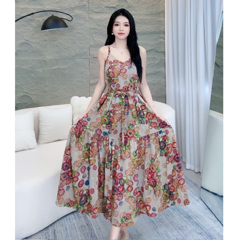 【红色】显瘦遮肉2024春夏季新款韩版吊带V领小碎花吊带裙长裙子