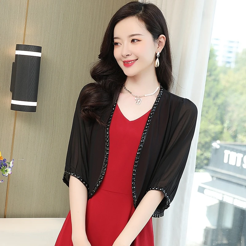 小披肩配裙子2025夏季新款大码雪纺防晒衣女百搭短款外搭开衫外套