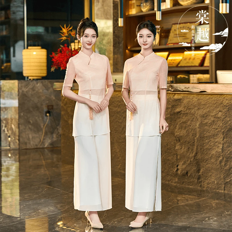 棠越时尚复古工作服中式中国风足浴养生技师美容院秋冬技师服5221