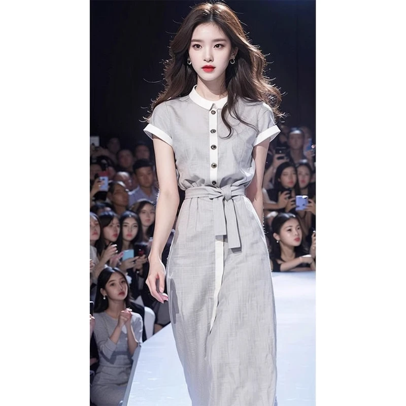 2024新款夏季轻奢高级感收腰长裙气质法式独特超好看灰色连衣裙女