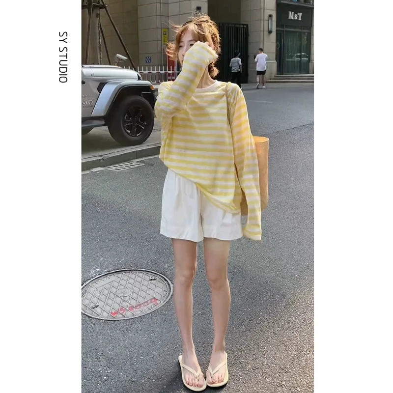 夏装搭配一整套舒适宽松显瘦长袖防晒T恤高腰休闲短裤减龄两件套