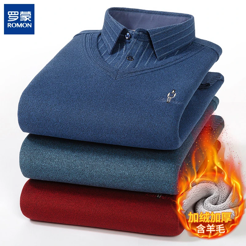 罗蒙含绵羊毛桑蚕丝假两件毛衣男秋冬加绒保暖针织打底衫606
