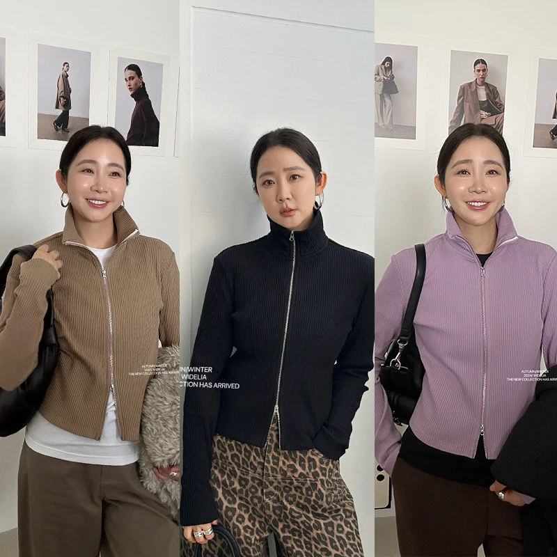 widelia秋冬韩版7069 慵懒风个性百搭街头酷飒短款显瘦双拉链毛衣