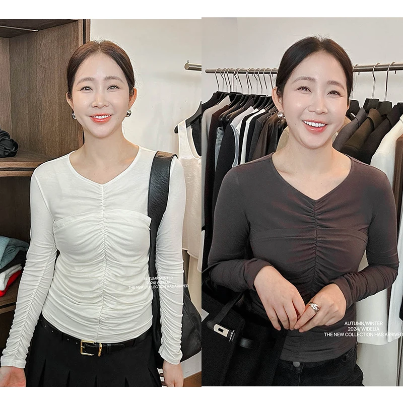 widelia秋冬款9187韩版气质风宽松优雅v领显瘦个性设计感褶皱T恤