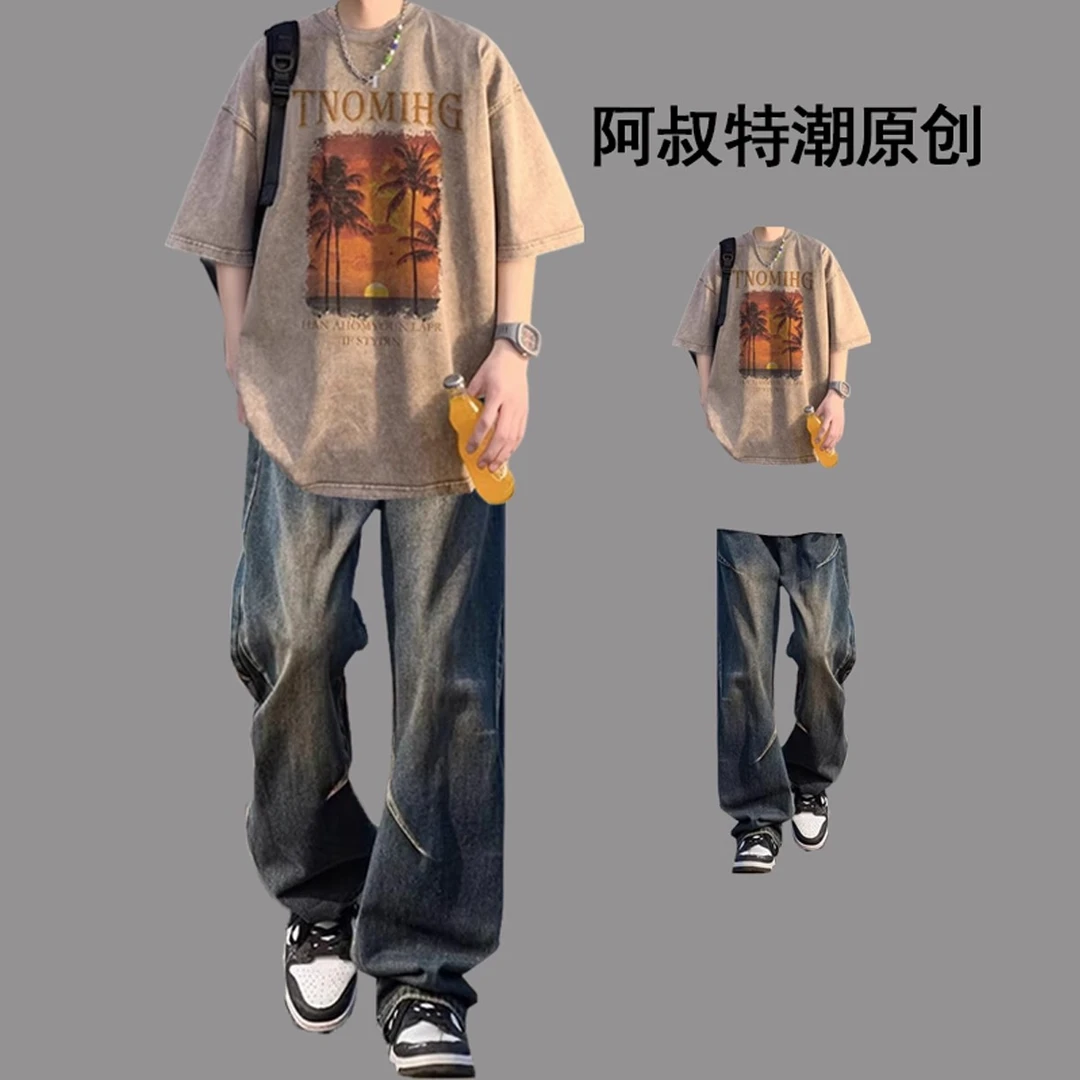 复古水洗短袖t恤男士夏季美式高街男生潮流酷帅穿搭休闲运动套装