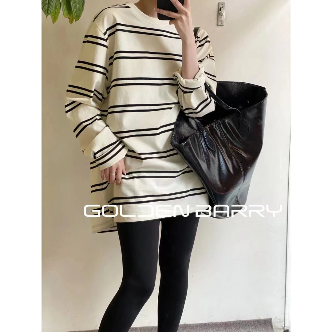 GOLDENBARRY|202304简约显瘦圆领条纹T恤长袖长款宽松套头打底