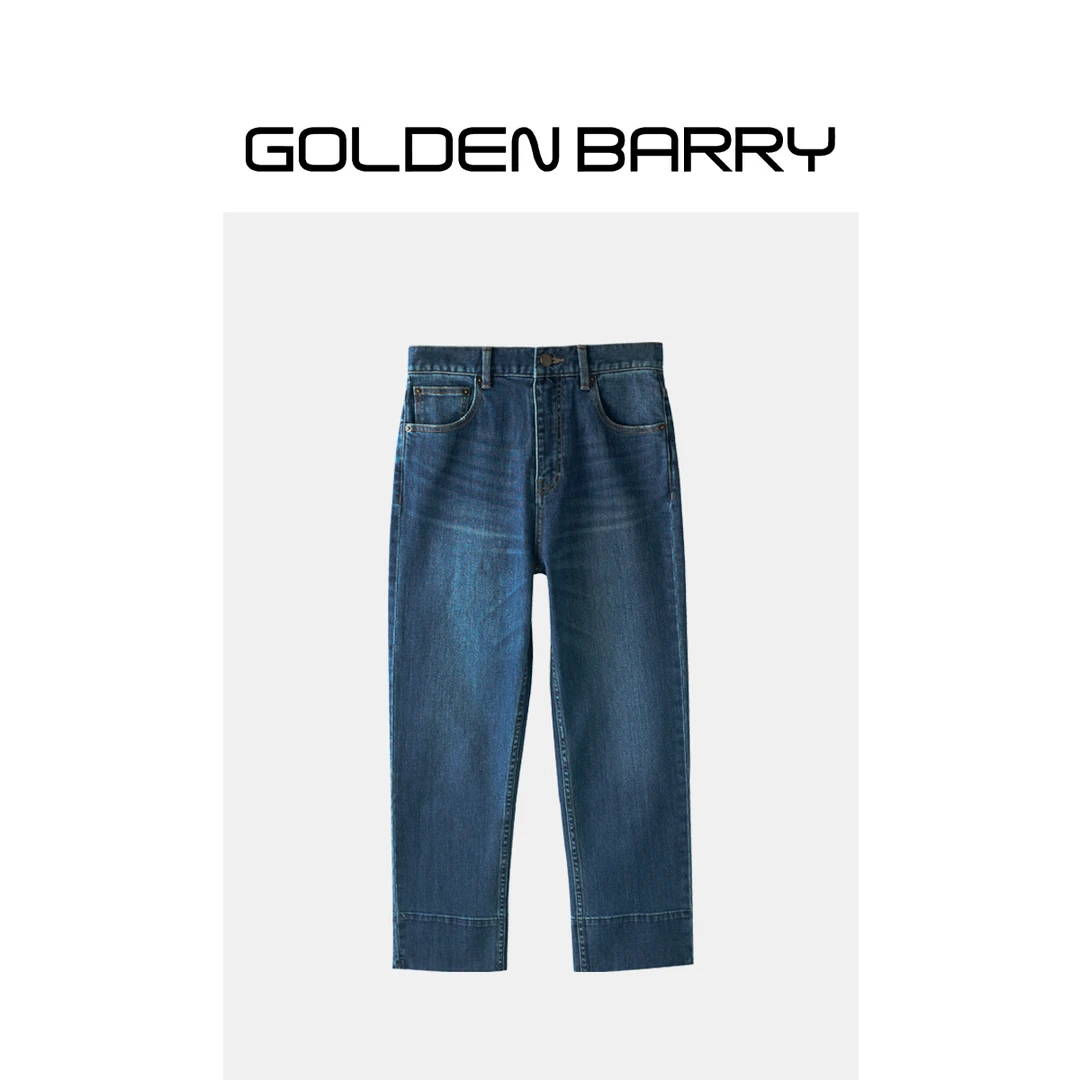 GOLDENBARRY【618】503114百搭高腰显瘦直筒蓝色长腿密码折边牛仔裤
