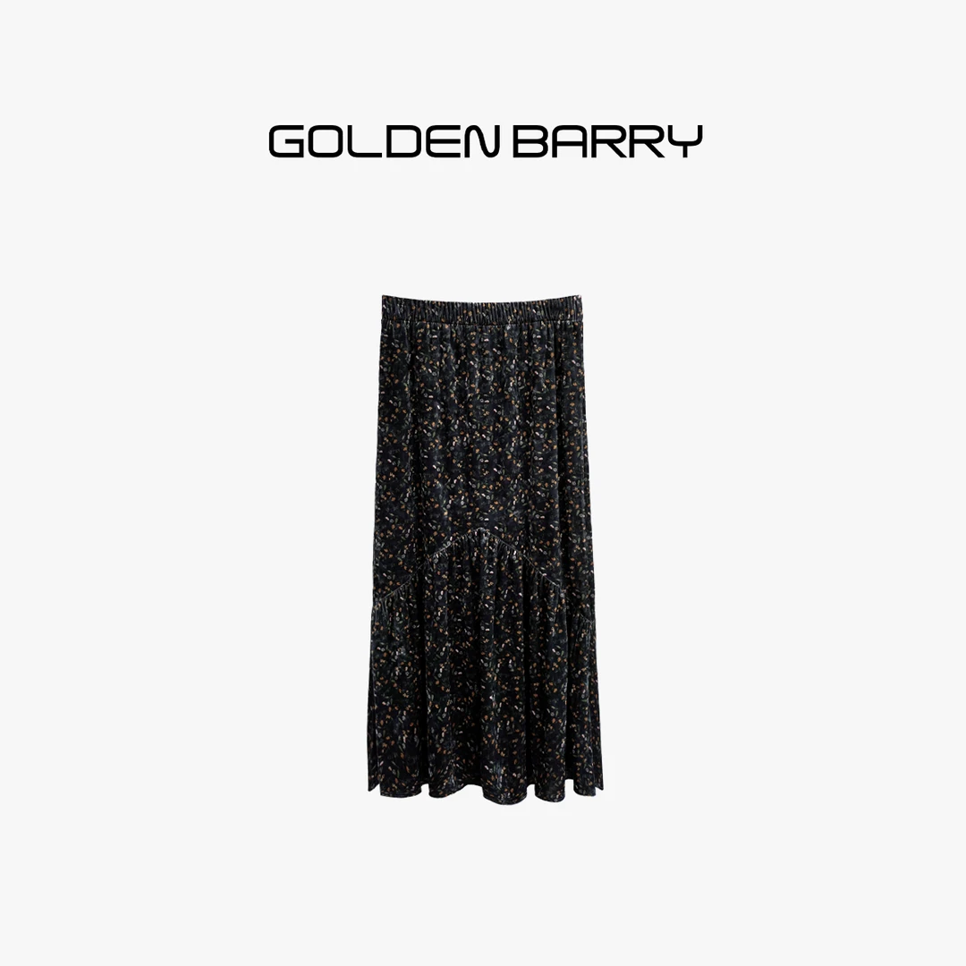 GOLDENBARRY【特惠】|310115时尚半身裙复古高腰丝绒碎花半身裙