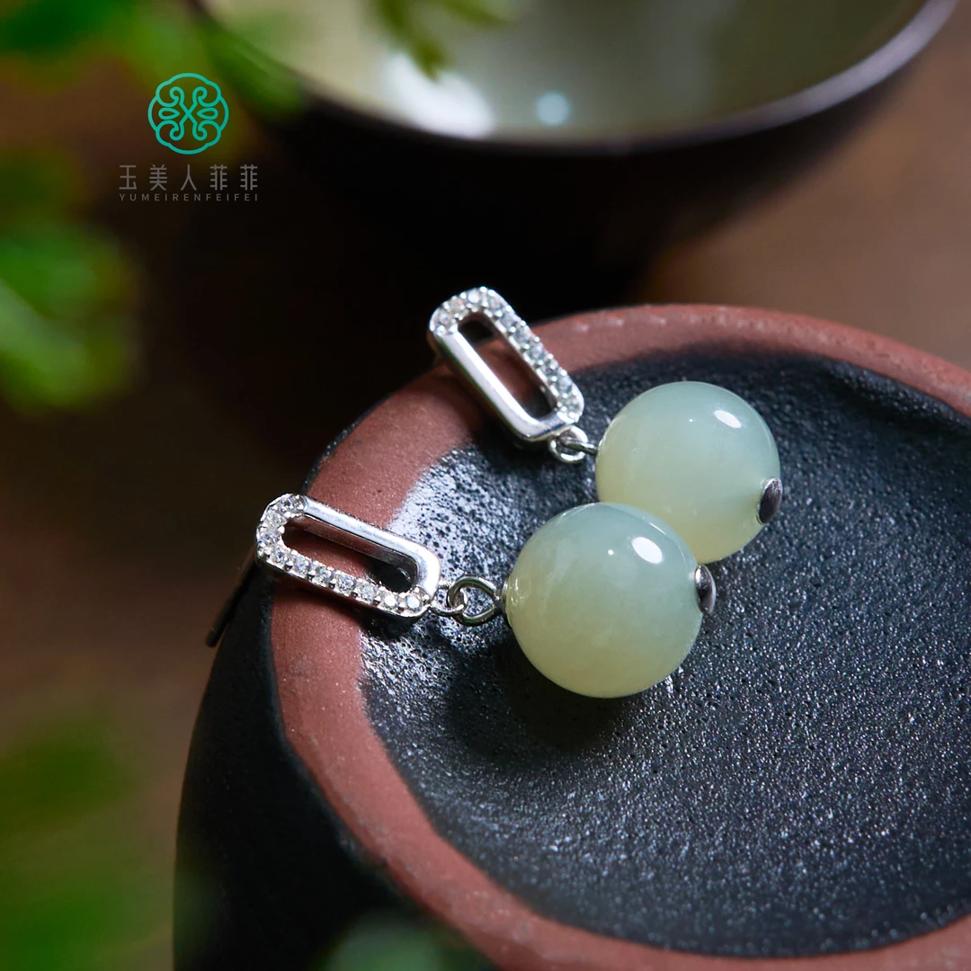 珠光宝气#和田玉圆珠耳坠约10mm