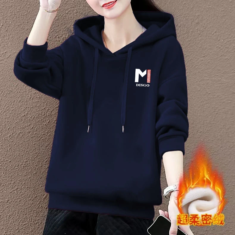 卫衣女小个子新款2024秋冬季宽松中年妈妈字母印花上衣加绒连帽