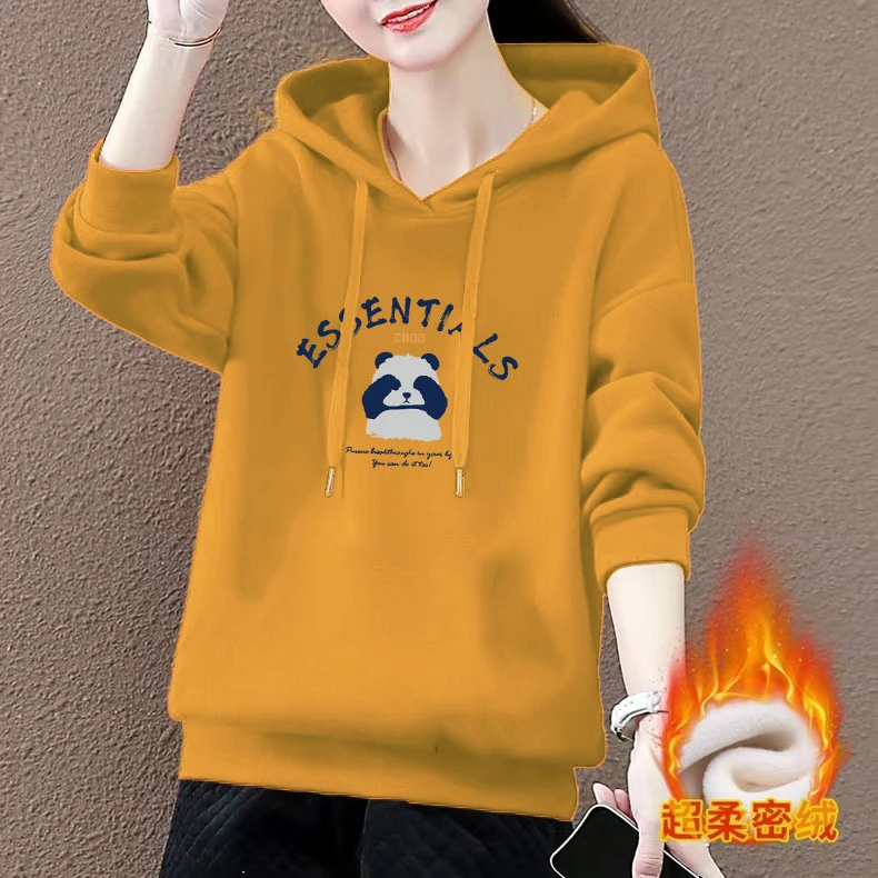 妈妈秋冬款加绒卫衣女2024新款纯色休闲连帽衫中老年女装长袖上衣