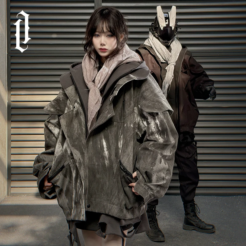 JIYEIND黑灰扎染小众设计夹克男机能风拼接破洞连帽宽松外套上衣