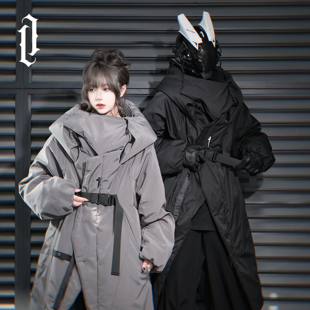 吉业机能风不规则棉衣长款过膝男女冬季保暖防风高领连帽棉服