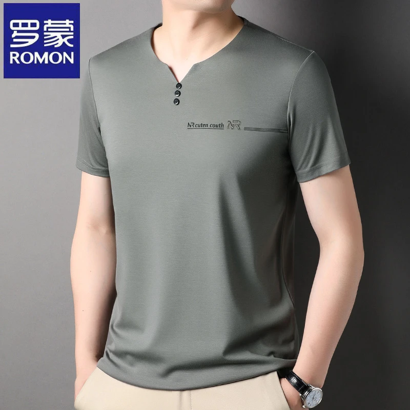 罗蒙男士短袖t恤2025夏季薄款纯色v领冰丝滑料半袖速干高端体恤衫