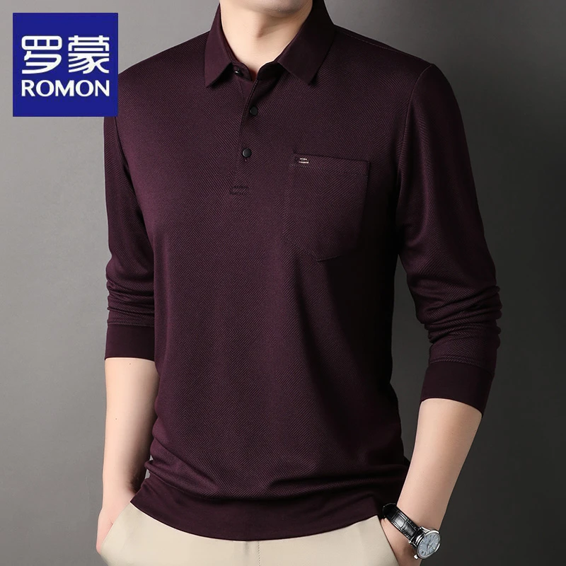 罗蒙秋季新款男士翻领长袖T恤衫中年爸爸装真口袋商务休闲POLO衫