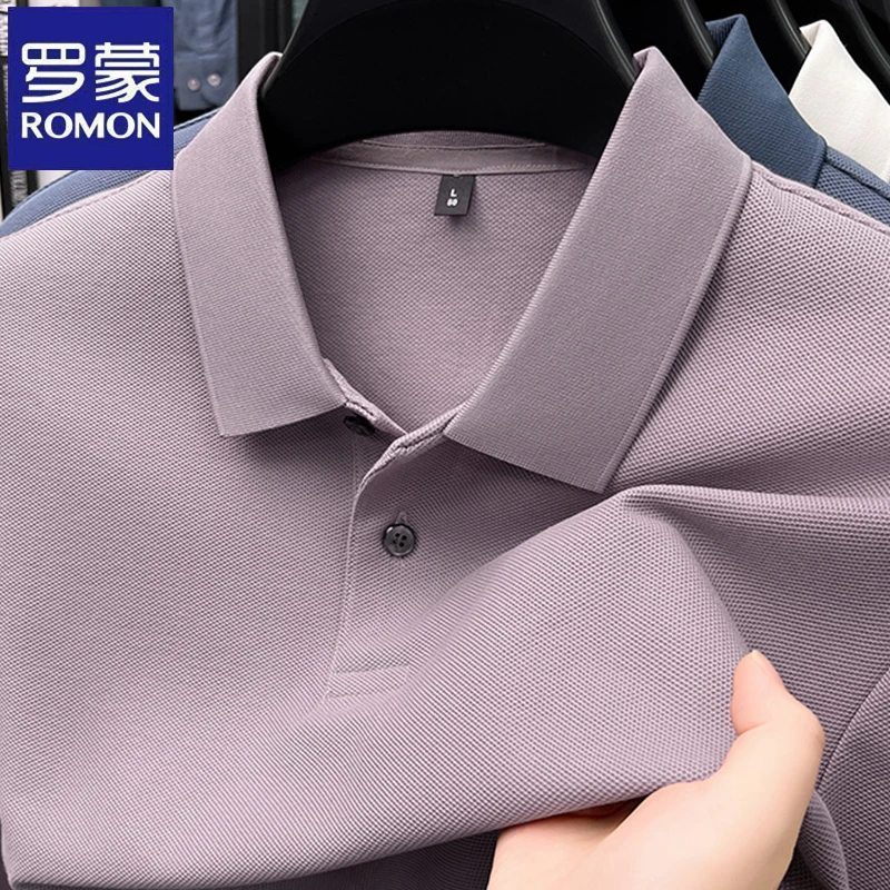 【100%纯棉】罗蒙男士翻领长袖T恤衫春秋季商务男士纯色百搭Polo衫