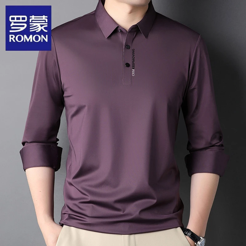 罗蒙冰丝t恤男春秋季长袖无痕薄款中青年商务休闲爸爸翻领polo衫