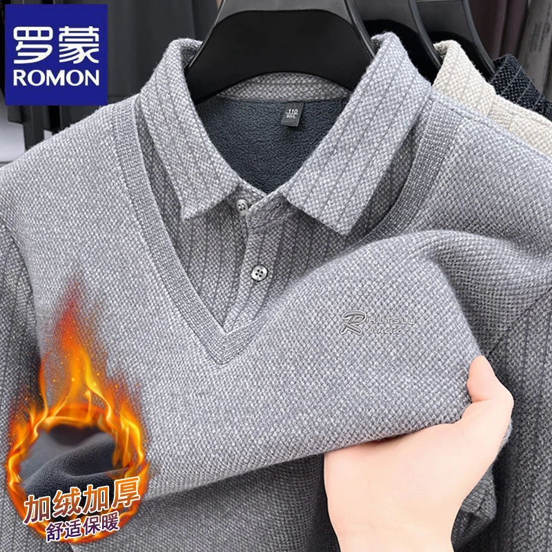 【加绒加厚】罗蒙秋冬季男士百搭假两件纯色翻领针织衫保暖潮流毛衣
